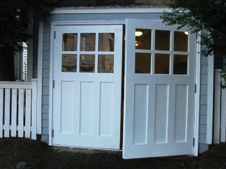 REAL Carriage Doors for your carriage house built and installed to open as Swing-out Carriage Doors.  Other opening styles for these Hinged Carriage Doors include:  Swing-out, Slide, or Fold.  The choice is yours for a carriage house door!